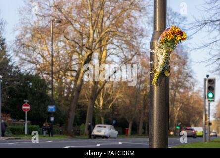 Flowers on a mast along a road near a set of traffic lights to honour the victims of a road accident, Southampton, UK Stock Photo