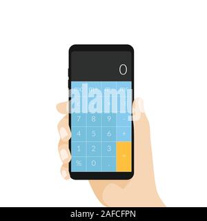 Hand holding phone with calculator app. Stock Vector