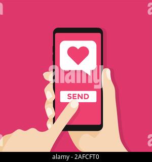 Sending love message. Hand holding phone with heart bubble, send button on the screen. Stock Vector