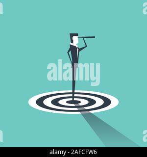 Businessman looks through a telescope standing on target. Stock Vector