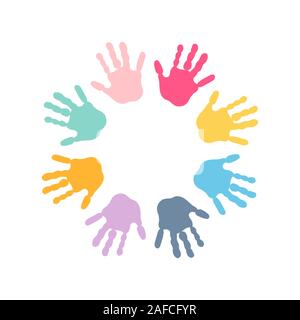 Circle spiral of colorful hand prints made by children isolated on white background. Stock Vector