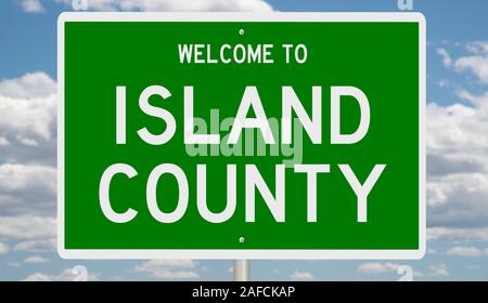 Rendering of a green 3d highway sign for Island County in Washington Stock Photo