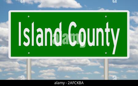 Rendering of a green 3d highway sign for Island County in Washington Stock Photo