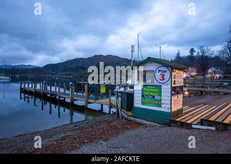 Lake Windermere and boat pier at Ambleside early morning on a winters day,Lake District national park,Cumbria,England Stock Photo