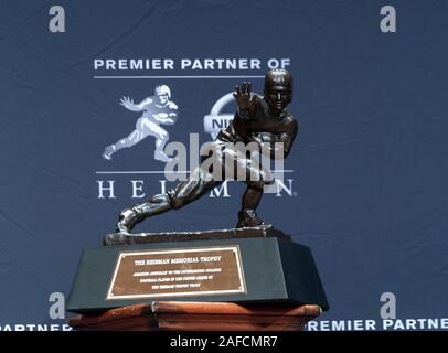 New York, NY - December 14, 2019: Heisman Memorial Trophy trophy on display at the Marriott Marquis Hotel Stock Photo