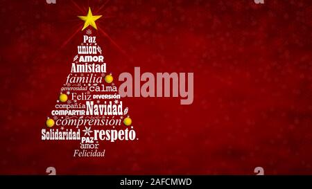 Greeting card of Feliz Navidad - Merry Christmas in Spanish language. Word cloud forming a Christmas tree with a bright star on the tip on a red back Stock Photo