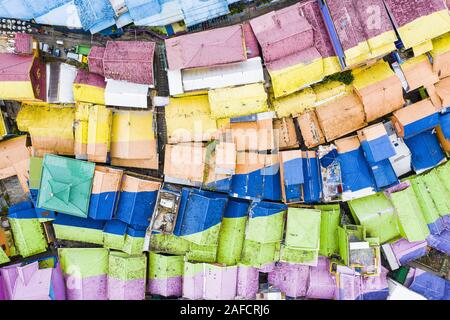 View from above, stunning aerial view of the Rainbow village also known as Jodipan or Kampung Wisata Jodipan. Stock Photo