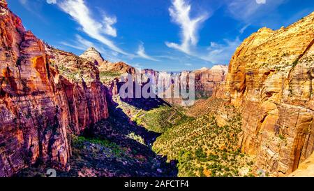 ion Canyon, with the Zion-Mount Carmel Highway on the canyon floor, viewed from the top of the Canyon Overlook Trail in Zion National Park in UT, USA Stock Photo