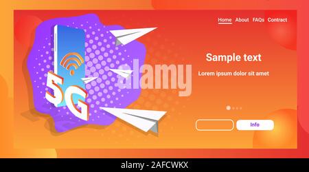 paper planes flying 5G online wireless system connection fifth innovative generation of high speed internet smartphone screen mobile app horizontal copy space vector illustration Stock Vector