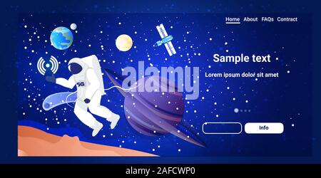 astronaut exploring space cosmonaut in spacesuit over planets of solar system 5g wireless internet connection astronomy cosmos concept full length horizontal copy space vector illustration Stock Vector
