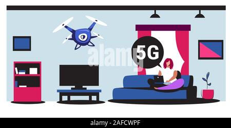 woman using laptop 5G online chat bubble communication fifth innovative generation of internet connection concept drone flying in living room full length horizontal vector illustration Stock Vector
