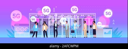 businesspeople discussing during meeting using 5G online wireless system connection fifth innovative generation of high speed internet concept data center interior full length horizontal vector illustration Stock Vector