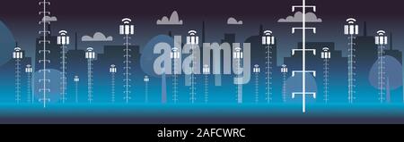 smart city 5G online wireless systems base station receiver connection concept fifth innovative generation of high speed internet horizontal cityscape background vector illustration Stock Vector