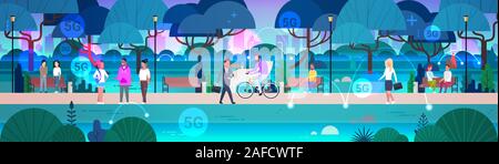 people relaxing in public park 5G online wireless system connection concept men women walking riding bicycle and communicating outdoor horizontal full length vector illustration Stock Vector