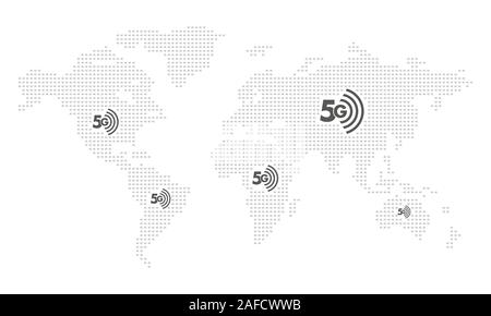 Dotted World map connection 5G vector, isolated background. Flat earth, gray map template for web site pattern, annual report, infographic. Travel map Stock Vector