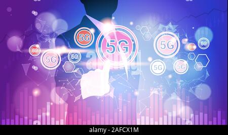 buisnessman touching 5G icon digital wireless systems connection global network concept fifth innovative generation of high speed internet abstract technology background portrait horizontal vector illustration Stock Vector