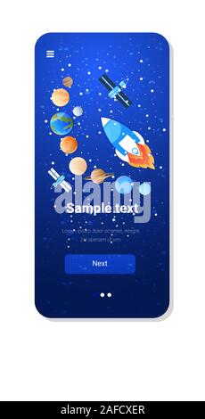 space rocket flying in sky over planets of solar system 5G online wireless system connection fifth innovative generation of high speed internet smartphone screen online mobile app copy space vector illustration Stock Vector