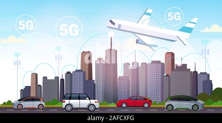 plane flying over smart city 5G online communication network wireless systems connection concept fifth innovative generation of high speed internet modern cityscape background horizontal vector illustration Stock Vector