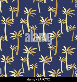 Seamless pattern with golden palm trees on a blue background. Colorful illustration. Vector EPS10. Stock Vector