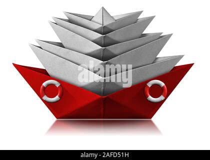 Red paper rescue boat with ring buoy saves many white ships damaged, isolated on white background with reflections, photography Stock Photo