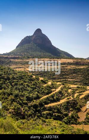 Ethiopia, Tigray, Adwa, terraced fields amongst dramatic volcanic landscape beside Axum to Adigrat highway Stock Photo