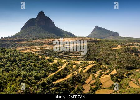 Ethiopia, Tigray, Adwa, terraced fields amongst dramatic volcanic landscape beside Axum to Adigrat highway Stock Photo