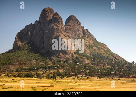 Ethiopia, Tigray, Adwa, Gendgbta, agricultural fields at harvest time amongst dramatic volcanic landscape beside Axum to Adigrat highway Stock Photo