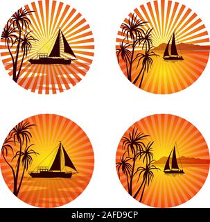 Icons, Logo or Labels, Tropical Landscape with Ships and Exotic Palms Trees Silhouettes on Circle Background with Orange and Yellow Sun Beams. Vector Stock Vector