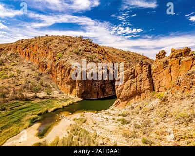 Glen Helen Gorge and the area surrounding Glen Helen Lodge taken from an aerial perspective. Northern Territory, Australia Stock Photo