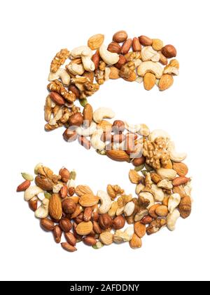 Letter S of the English alphabet from a mixture of hazelnuts, almonds, walnuts, peanuts, cashews, pumpkin seeds on a white isolated background. Food p Stock Photo