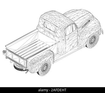 Wireframe of an old pickup truck isolated on a white background. View isometric. Vector illustration. Stock Vector