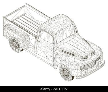 Wireframe of an old pickup truck isolated on a white background. View isometric. Vector illustration. Stock Vector