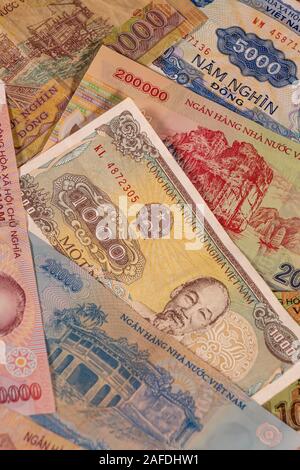 A composition of Vietnamese dong, VND banknotes providing great options to be used for illustrating subjects as business, banking, media, etc. Stock Photo