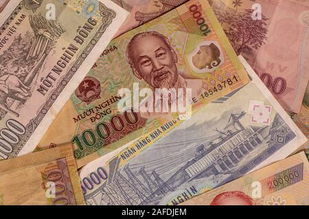 A composition of Vietnamese dong, VND banknotes providing great options to be used for illustrating subjects as business, banking, media, etc. Stock Photo