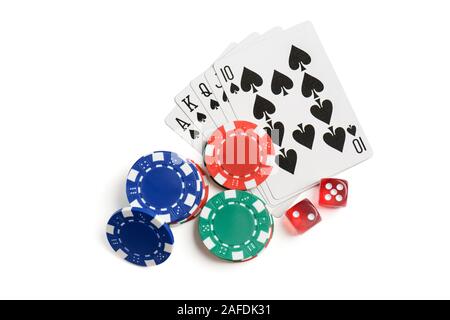 Top view on dices, chips and gaming cards isolated with clipping path Stock Photo