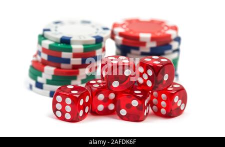 Group of red gambling casino dice and chips isolated on white background Stock Photo