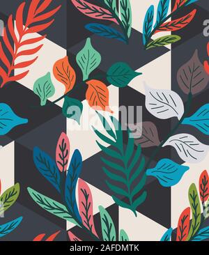 Colorful tropical leaf fern geo seamless pattern Stock Vector