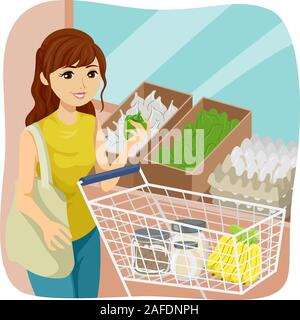 Illustration of a Teenage Girl Shopping in Bulk Section with Containers and Bags Stock Photo