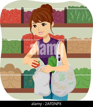 Illustration of a Teenage Girl Using Net Bag for Grocery Shopping in Bulk Section Stock Photo