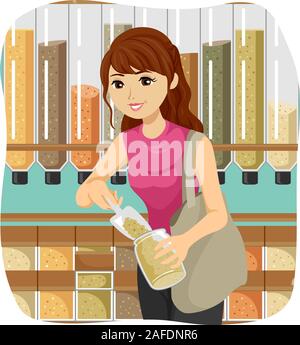 Illustration of a Teenage Girl Grocery Shopping in the Bulk Section and Bringing Her Own Jar Stock Photo