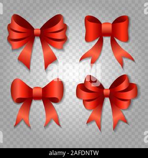 Red bows withshadows. Decoration elements isolated on transparent background. Vector ilustration Stock Vector
