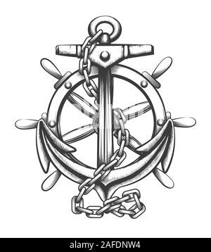 Anchor and ships wheel tattoo in engraving style isolated on white background. Vector illustration Stock Vector