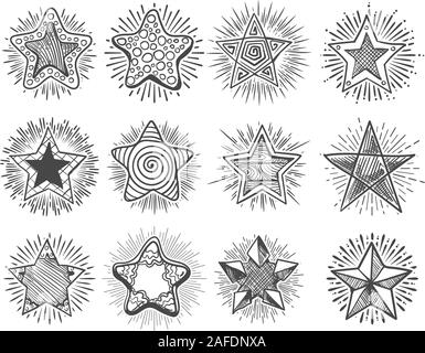 Set of hand drawn vector stars in doodle style on white background. Vector illustration Stock Vector