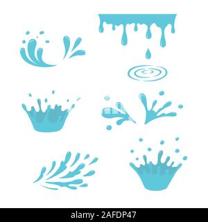 Water and drop icons. Blue waves and water splashes set Stock Vector
