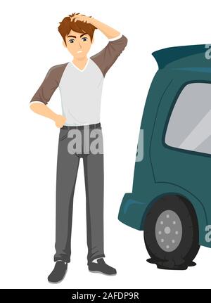 Illustration of a Teenage Guy Scratching His Head and Looking at a Flat Tire. Millennial Skill Gap No Knowledge Basic Tire Replacement Stock Photo