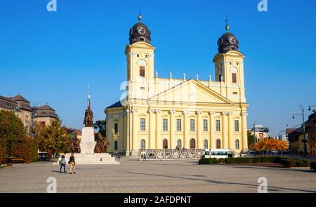 Great Reformed Church at the Kossuth Square under a blue sky on a sunny day. Debrecen, Hungary. Stock Photo