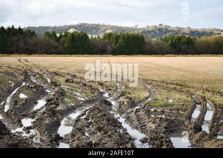 Tractor tyre tracks running off into a field in the Surrey, UK countryside on a cold winter day. The deep muddy ruts are filled with puddles of water. Stock Photo