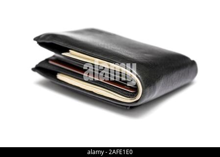 Black leather wallet isolated on white background. New Black leather wallet with banknotes isolated on white background Stock Photo