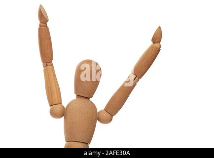 Wooden Figure, Doll, Mannequin with Arms raised isolated on white Background Stock Photo