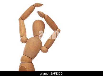 Wooden Figure, Doll, Mannequin with Arms raised isolated on white Background Stock Photo